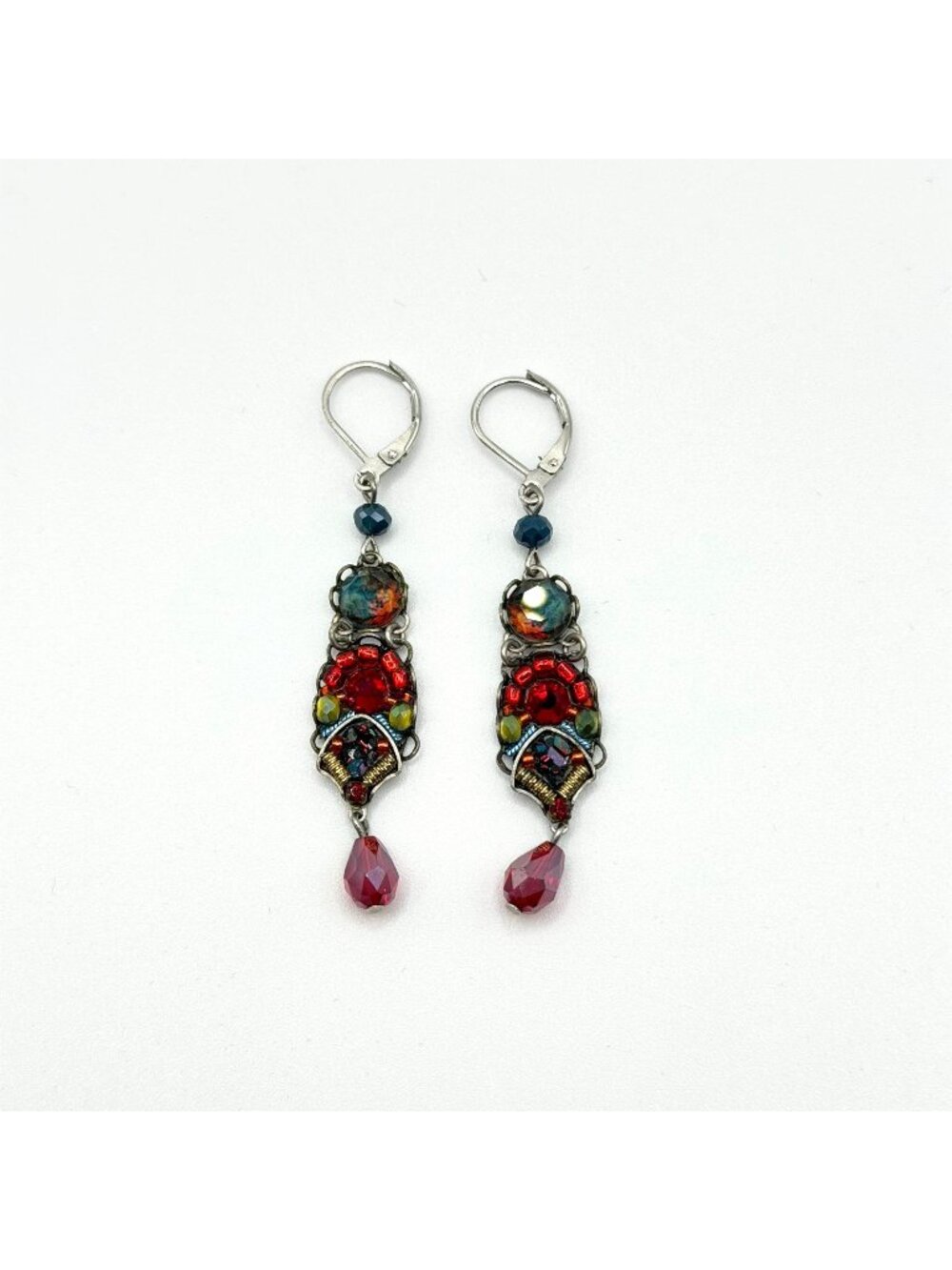Ayla Bar Multi-Color Crystal Dangle Earrings Red Silver-Tone